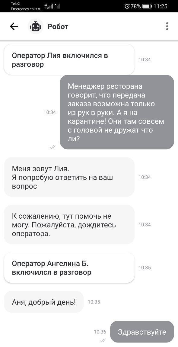 Скрин чата со службой поддержки Delivery